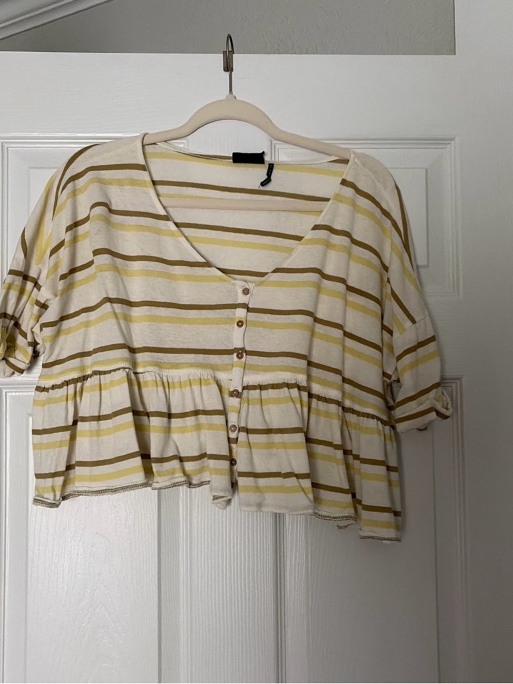 Urban Outfitters Cream, Mustard & Tan Striped Button-Front Crop Top